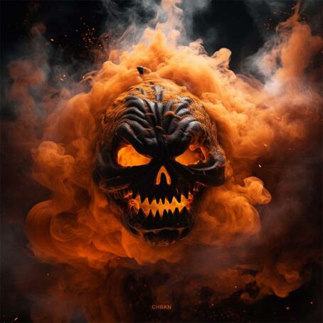 black Halloween pumpkin mask with sharp teeth in orange smoke