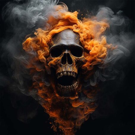 a skull with its mouth wide open appears from orange smoke