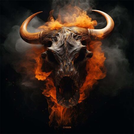 an animal skull with an open toothless mouth surrounded by orange smoke