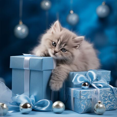 A grey kitten lying on blue Christmas boxes with presents.