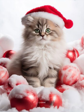 Kitten in Red Santa Hat Amid Snowy Red Baubles
