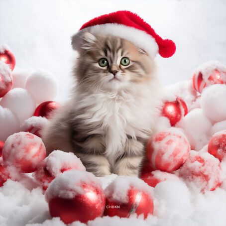 A kitten in a red Santa hat among snow-covered red Christmas baubles.