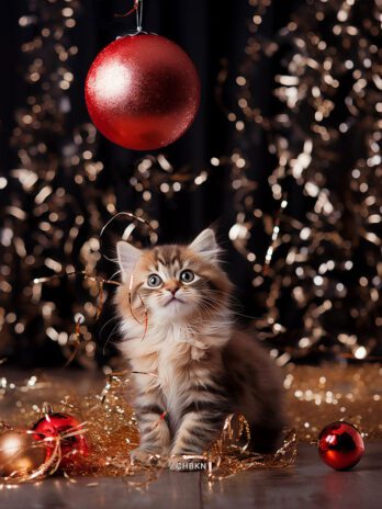 Striped Kitten Gazes at Large Red Christmas Ball