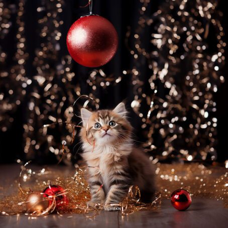 A striped kitten gazes at a large red Christmas ball.