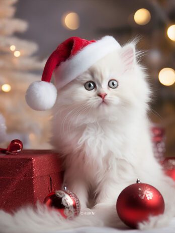 White Kitten in Santa Hat Amid Christmas Decor