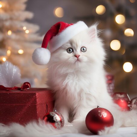 A white kitten in a Santa hat among Christmas decorations and gifts.