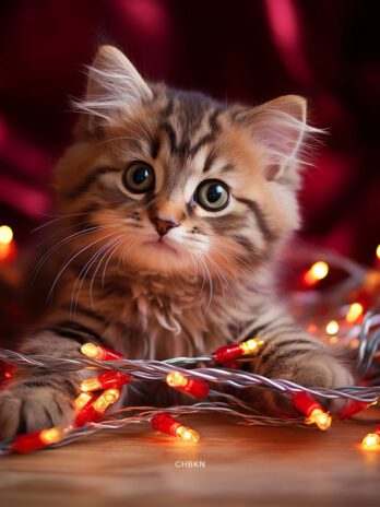 Kitten Playing with Garland of Lights