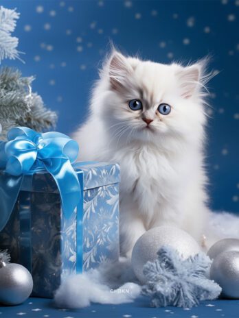 White Kitten with Blue Eyes, Gift Box, and Tree