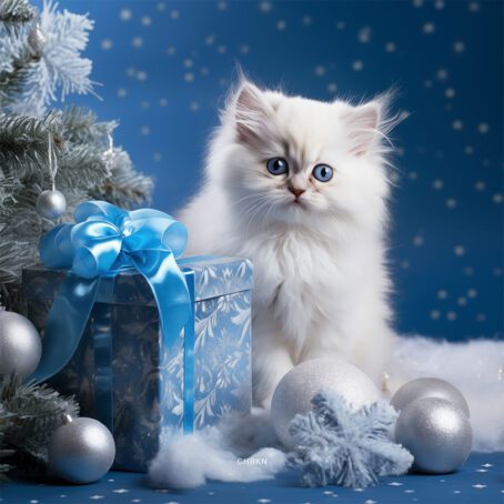 A white kitten with blue eyes next to a festive box and Christmas tree in a blue studio.