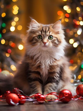 Striped Cat Amid Christmas Lights