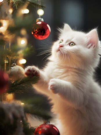 White Kitten Reaching for Red Ornament