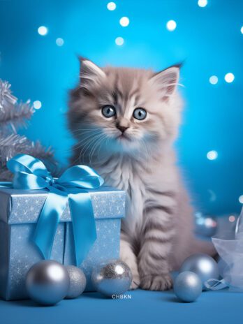 Gray Kitten in Blue Studio Among Christmas Decor