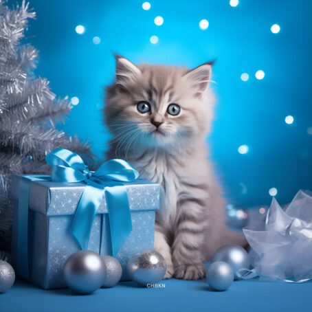 A gray kitten in a blue studio surrounded by Christmas decorations and gifts.