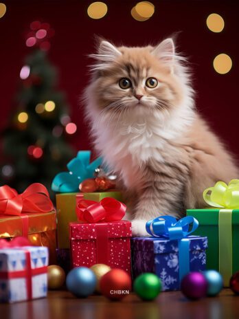 Cat Sitting on Colorful Christmas Gift Boxes