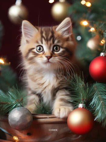 Kitten Peeking Through Decorated Christmas Tree