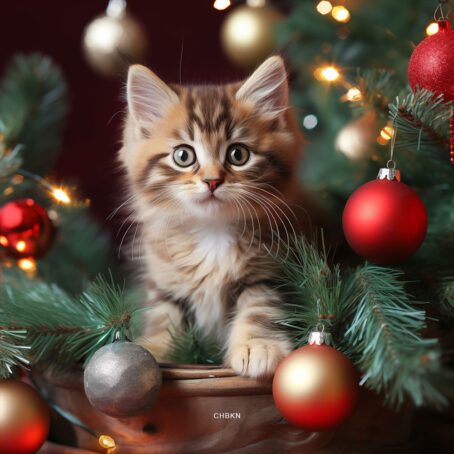 A kitten peeking through the branches of a decorated Christmas tree.