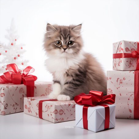 A kitten in a white studio surrounded by Christmas gift boxes adorned with red bows.