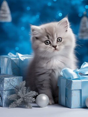 Gray Kitten in Blue Christmas Studio