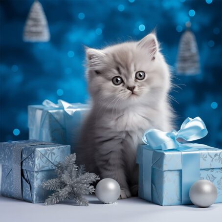 A gray kitten in a blue Christmas studio surrounded by Christmas decorations and gifts.