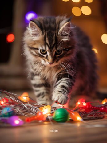 Kitten Playing with Christmas Lights Garland