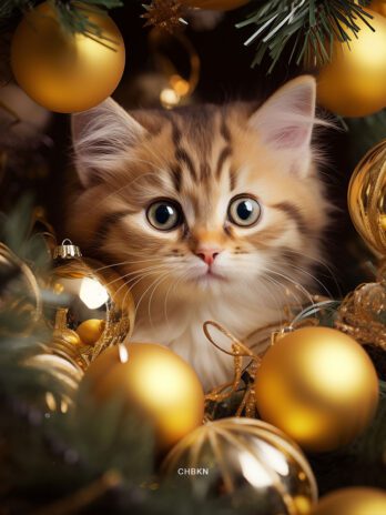 Close-Up of Kitten Amid Gold Christmas Tree Decorations