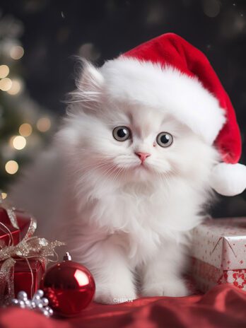 White Kitten in Santa Hat Amid Christmas Decor