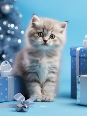 Kitten in Blue Studio Among Gift Boxes