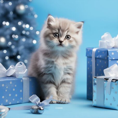 A kitten in a blue studio surrounded by assorted gift boxes with Christmas decorations.