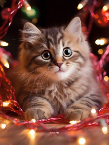 Kitten Playing with Christmas Lights Garland