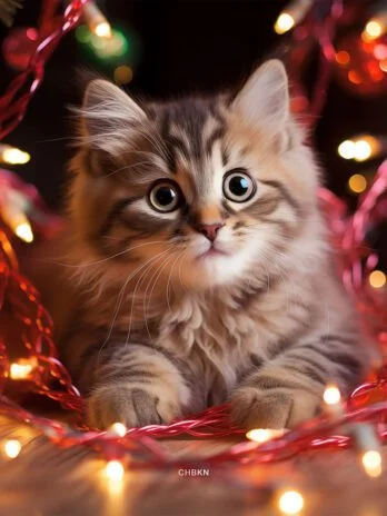 Kitten Playing with Christmas Lights Garland