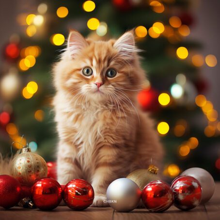 A ginger kitten with Christmas tree decorations in the background.