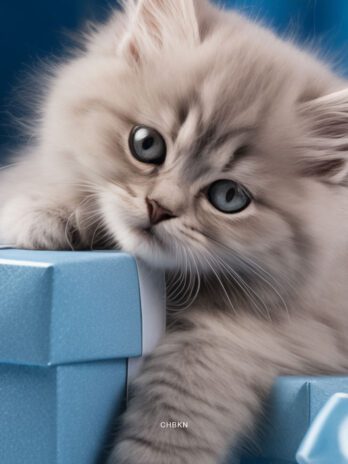 Gray Kitten on Blue Christmas Gift Boxes