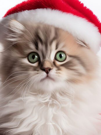 Kitten in Red Santa Hat Amid Snowy Red Baubles