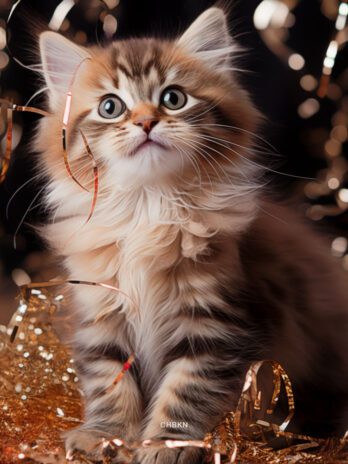 Striped Kitten Gazes at Large Red Christmas Ball