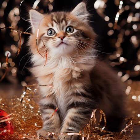 Striped Kitten Gazes at Large Red Christmas Ball - Image 2