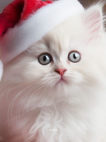 White Kitten in Santa Hat Amid Christmas Decor