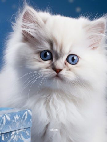 White Kitten with Blue Eyes, Gift Box, and Tree