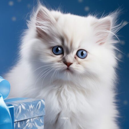 White Kitten with Blue Eyes, Gift Box, and Tree - Image 2