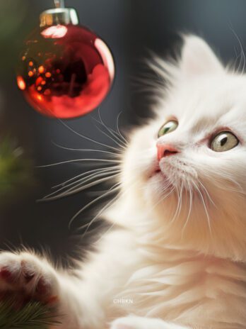 White Kitten Reaching for Red Ornament
