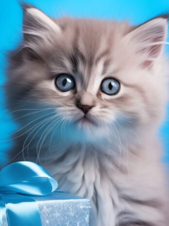 Gray Kitten in Blue Studio Among Christmas Decor