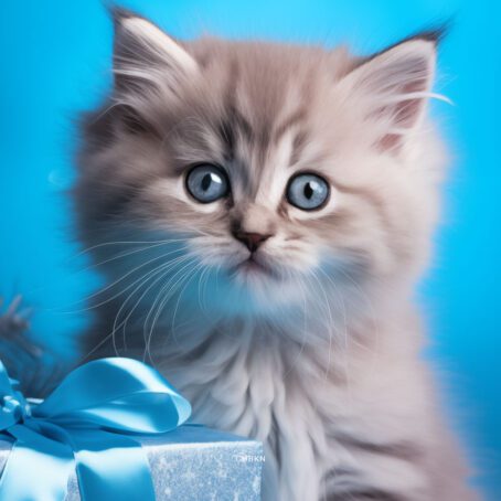 Gray Kitten in Blue Studio Among Christmas Decor - Image 2