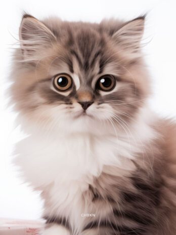 Kitten in White Studio Amid Gift Boxes with Bows