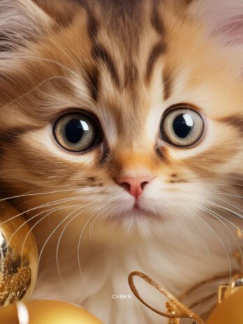 Close-Up of Kitten Amid Gold Christmas Tree Decorations