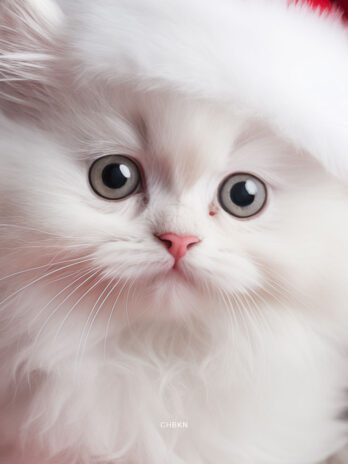 White Kitten in Santa Hat Amid Christmas Decor