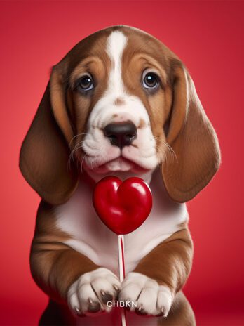 Basset-Hound Puppy with Heart-Shaped Lollipop