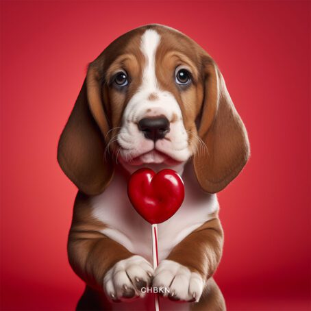 Portrait of a sad Basset-Hound puppy holding a red heart-shaped lollipop.