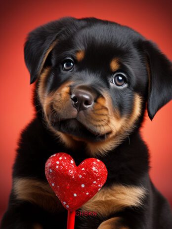 Rottweiler Puppy with Valentine’s Lollipop