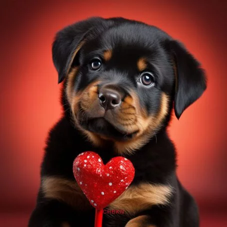 Portrait of a Rottweiler puppy in a red studio with a Valentine's lollipop.