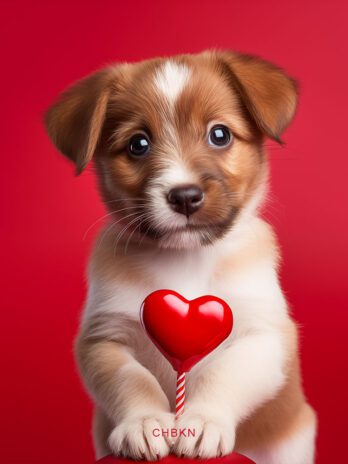 Puppy Holding Heart Lollipop in Red Studio