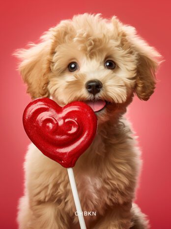 Cavapoo Puppy with Tongue Out and Heart Lollipop